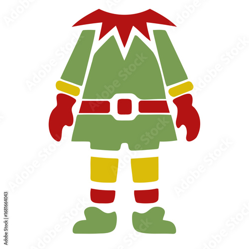 Illustration of a christmas elf costume with green tunic red hat and gloves and yellow accents design