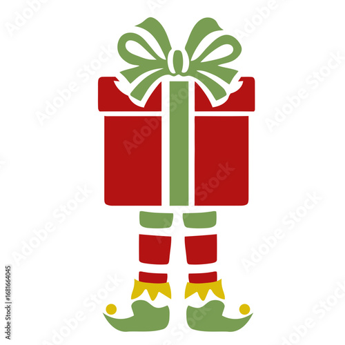 Illustration of a christmas present box with a green bow and elf legs wearing green and yellow shoes