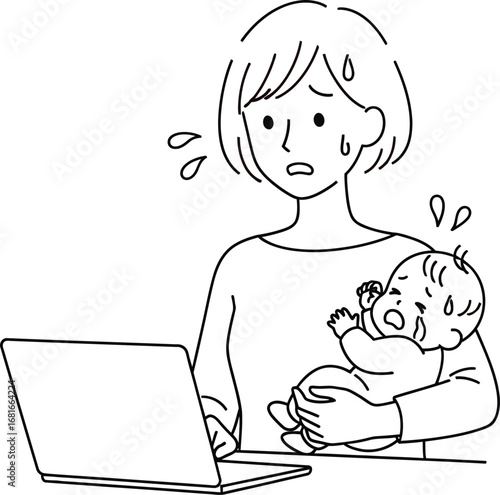 Stressed working mom with baby illustration vector graphic