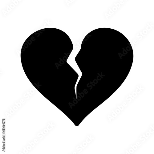 A black silhouette of a broken heart on a white background