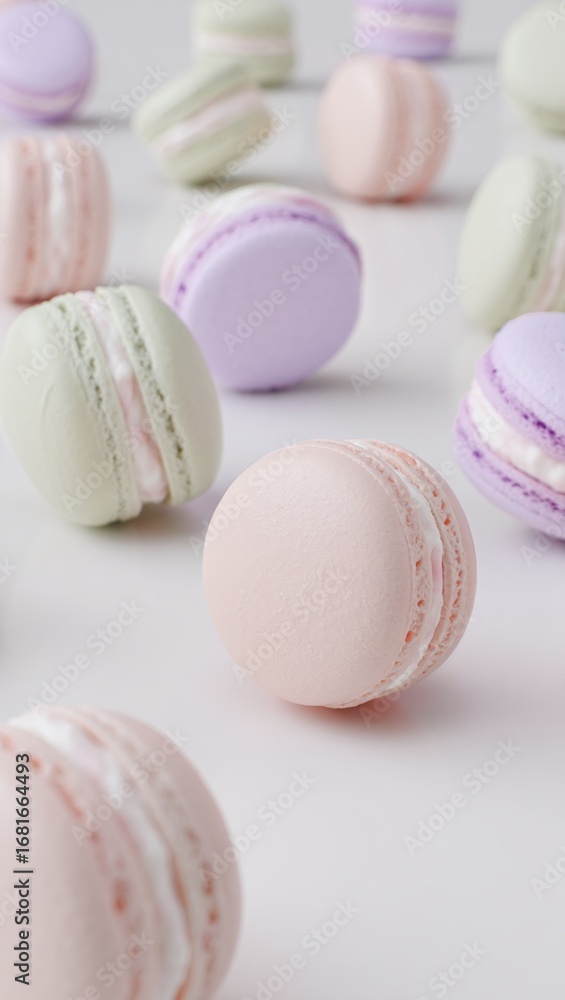 Fototapeta premium Delicate Pastel Macarons on White Background Delicious French Confectionery Sweet Treats for Special Occasions and Gourmet Food Photography