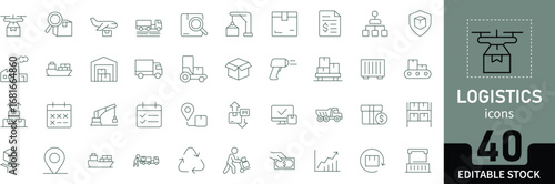 logistics line icon set featuring delivery, shipping, warehouse, cargo, truck, route, tracking, and supply chain symbols for business and transport design.
