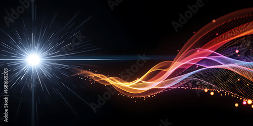 Abstract glowing light streak with colorful particles and starburst effect on black background