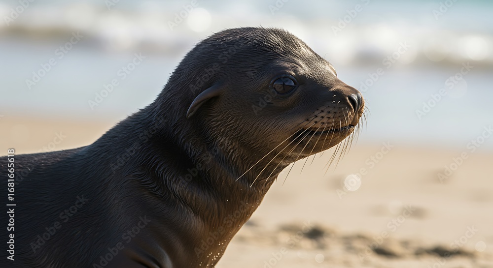 Fototapeta premium Close-up portrait of a young sea lion pup with inquisitive gaze on the sandy shores
