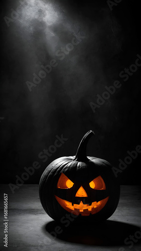 Monochrome Halloween pumpkin silhouette with glowing face, deep shadows, and clean background with space for copy.
