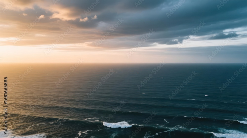 Fototapeta premium Ocean sunset, dramatic clouds. Wide-shot of waves