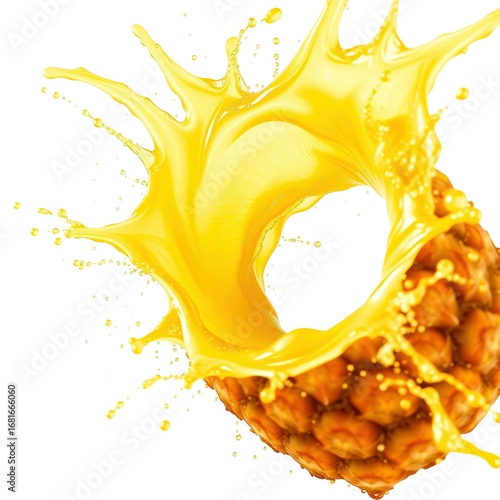 Pineapple slice splashing in vibrant yellow juice on white background  