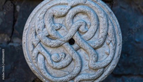 Ornate stone disc with intertwined snakes