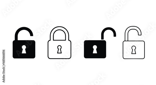 Four lock icons showing open and closed states for security and access concepts