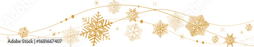 Snowflakes border in wave shape . Golden snowflakes with stars border . Golden snowflakes wave vector . Christmas decoration .