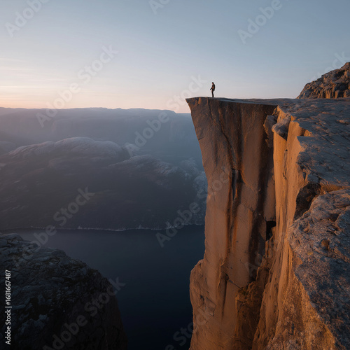 Person Standing on Cliff Edge Overlooking Water