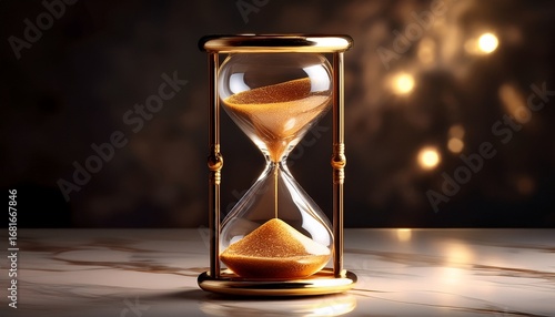 a glowing hourglass with golden sand placed on a neutral marble table digital