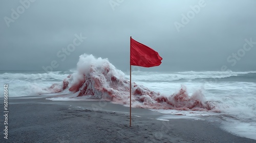 A red flag waving in the strong wind on an ocean beach, with towering waves crashing in the background, depicting naturea??s raw power.