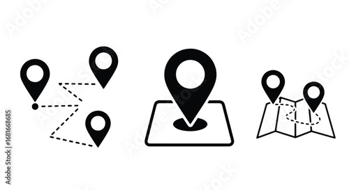Location map markers and navigation icons showing travel routes destinations and destinations