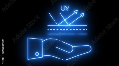 hand icon carrying UV protection icon with neon effect