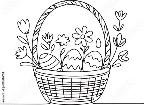 Continuous line art of Easter basket with flowers and eggs, abstract spring celebration vector illustration