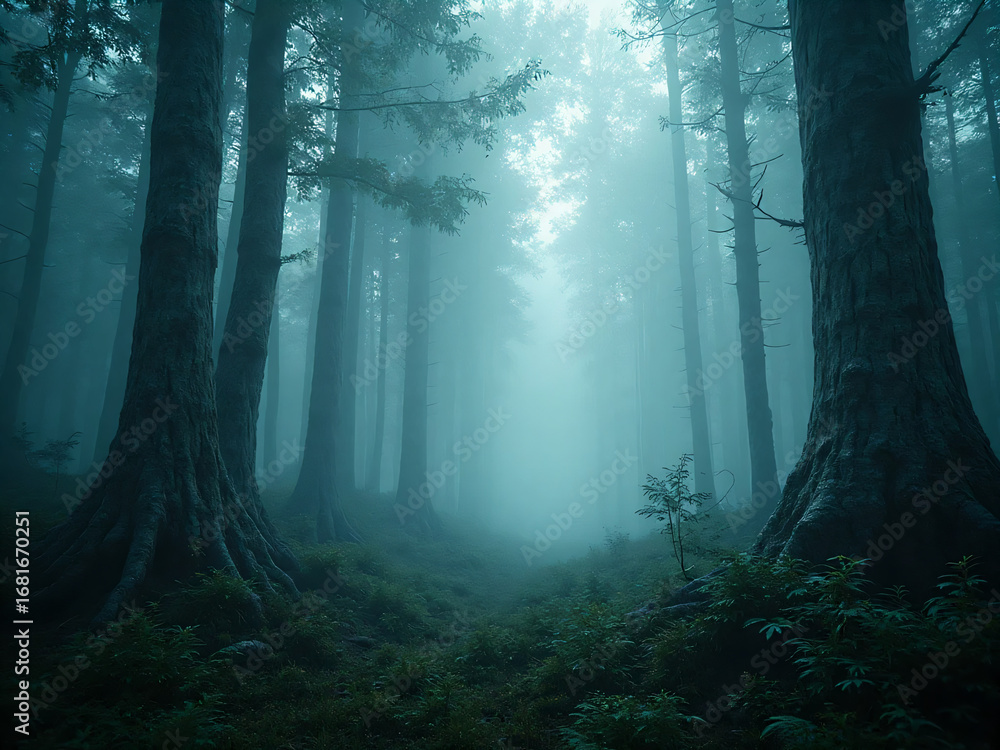 Obraz premium “Cinematic photography of a dense foggy forest with pale tree trunks, silver bark textures glowing under moonlight, realistic undergrowth with ferns and moss, soft atmospheric haze.”