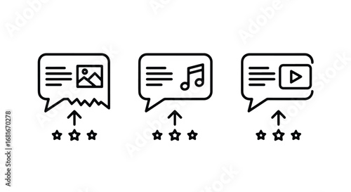 Three speech bubbles showing content types with star ratings indicating feedback and reviews