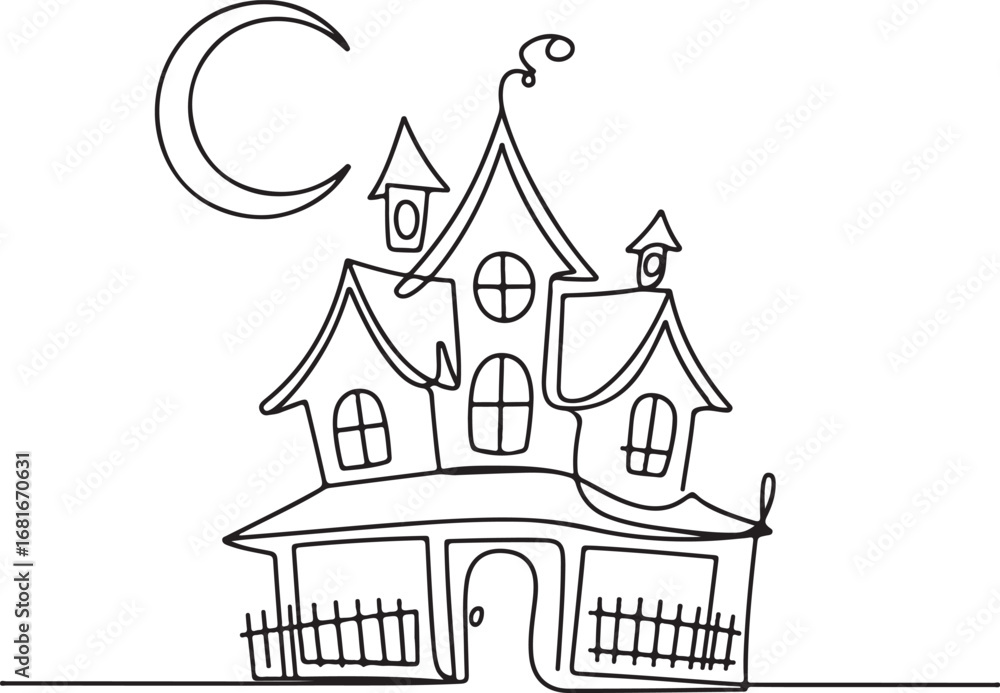 Obraz premium Continuous line art of haunted house with moon, abstract spooky minimal outline vector illustration