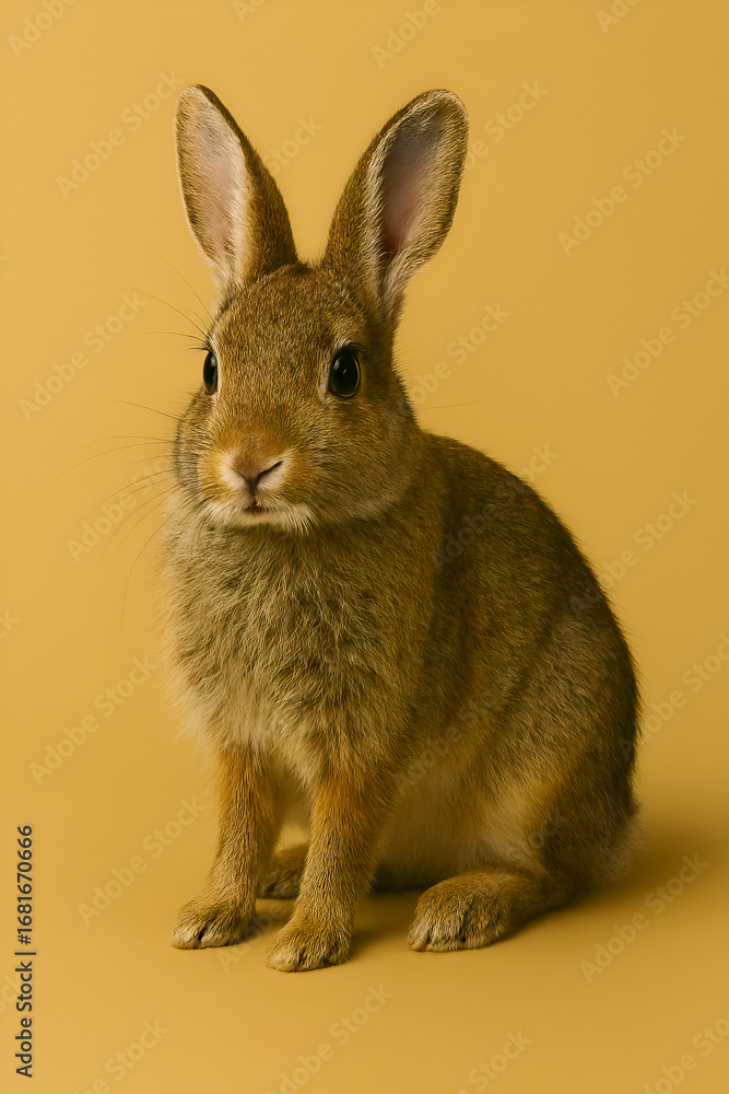 Obraz premium Cute Brown Rabbit Sitting on Yellow Background