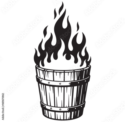 A burning barrel illustration showing flames erupting from within a wooden barrel graphic