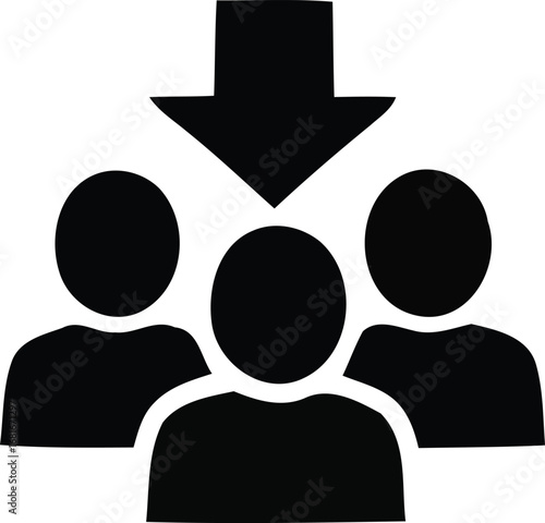 Vector art of icon representing a group of people with an arrow pointing down towards them, symbolizing recruitment or selection