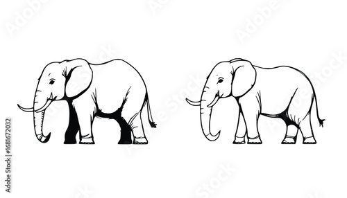 Minimal line drawing of two elephants side by side, simple wildlife outline sketch illustration design
