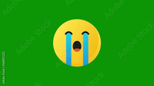 Expressive crying emoji face with blue tears on green background, conveying deep sadness and emotion
