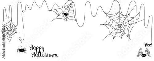 Happy Halloween holiday horizontal banner of spider, cobwebs with hanging black insect, minimalist style simple vector illustration, poster, festive invitation, header for website, sale announcement