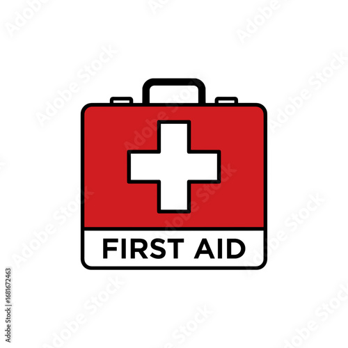 Red first aid kit icon with cross symbol and text on a transparent background
