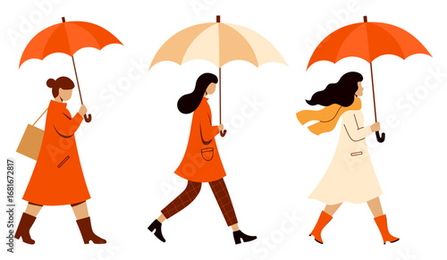 Woman in cloak with umbrella collection. Isolated Seasonal female character on white background. Minimalistic Vector illustration. Not AI