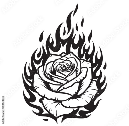 Artistic black and white illustration depicting a rose encased in flames of fire