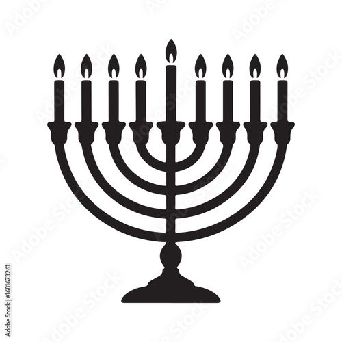 Black and White Hanukkah Menorah with Nine Lit Candles Celebrating Jewish Holiday Tradition