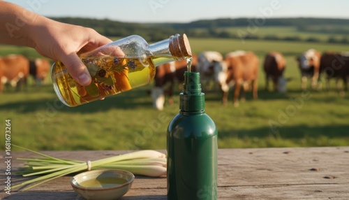 Medium shot of natural oils being poured into a sprayer for aromabased fly deterrent to protect cattle from pests.