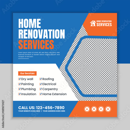 Home renovation services social media post and web square banner flyer template for remodeling, flooring, plumbing, carpentry, painting, and bathroom renovation advertisement.