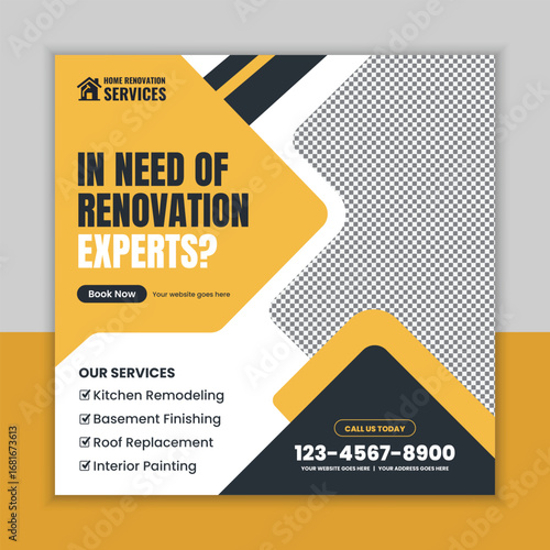 Home renovation services social media post and web square banner flyer template for remodeling, flooring, plumbing, carpentry, painting, and bathroom renovation advertisement.