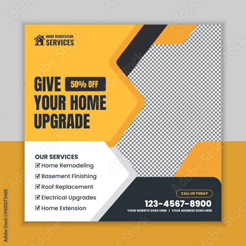 Home renovation services social media post and web square banner flyer template for remodeling, flooring, plumbing, carpentry, painting, and bathroom renovation advertisement.