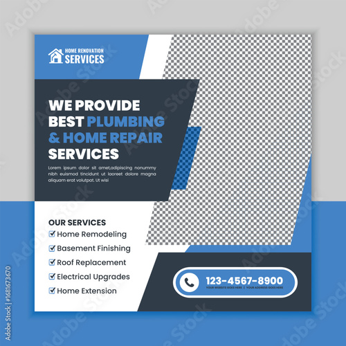 Home renovation services social media post and web square banner flyer template for remodeling, flooring, plumbing, carpentry, painting, and bathroom renovation advertisement.