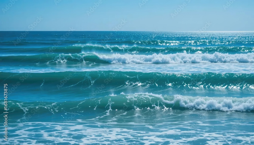 Fototapeta premium Ocean waves rolling towards the shore under a clear blue sky, creating a serene and calming seascape.