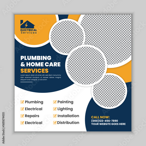 Home renovation services social media post and web square banner flyer template for remodeling, flooring, plumbing, carpentry, painting, and bathroom renovation advertisement.