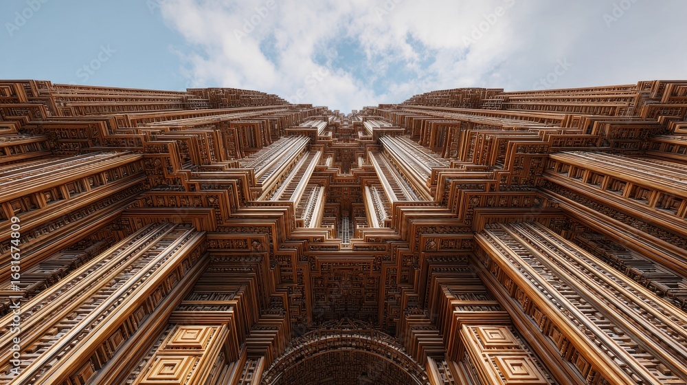 Obraz premium Detailed architecture, shot from below, shows the grand, complex, and vertically-oriented structure and the blue sky above it.