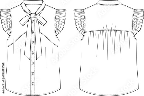 women’s sleeveless blouse flat sketch, front and back view, bow tie neck, ruffle cap sleeve, princess seam, yoke back, garment fashion design