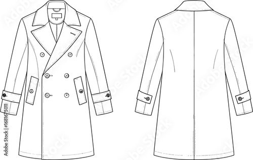 Double breasted trench coat front and back view, technical fashion flat sketch, garment design template, apparel construction detail, clothing pattern outline, vector illustration