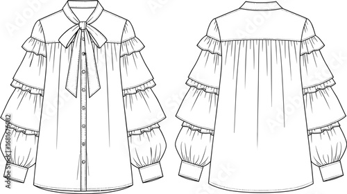 women’s blouse, bow tie neckline, tiered ruffle sleeve, button front, yoke detail, front back view, fashion flat, garment design, cad drawing flat vector illustration