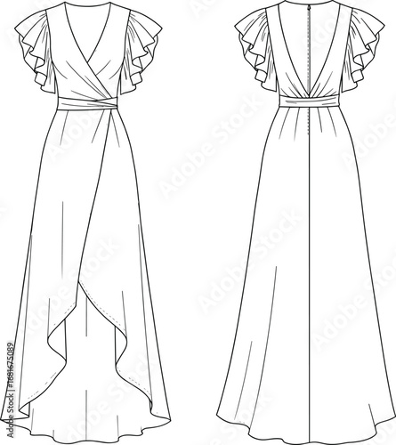 women’s wrap dress, flutter sleeve, v‑neckline, tie waist, high low hem, front back view, fashion flat, garment design, cad drawing flat vector illustration