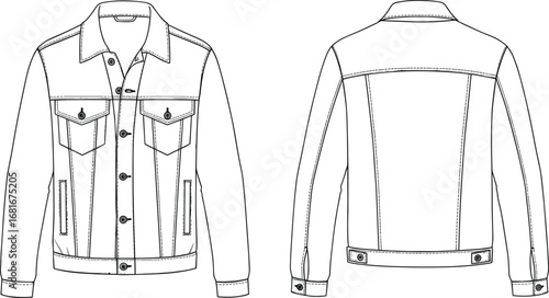 Denim jacket, front and back view, classic collar, button front, chest flap pockets, side pockets, long sleeves, adjustable waistband, flat CAD drawing, vector illustration