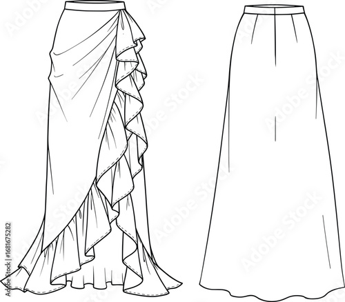 Women's asymmetrical cascading ruffle skirt and minimalist long skirt front and back view, high waist, elegant design, fashion flat sketch, garment technical drawing