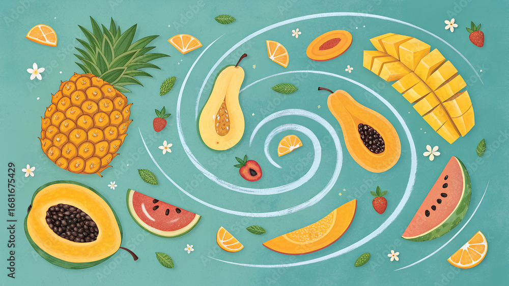 Tropical fruit swirl on teal background Tropical fruit swirl on teal background