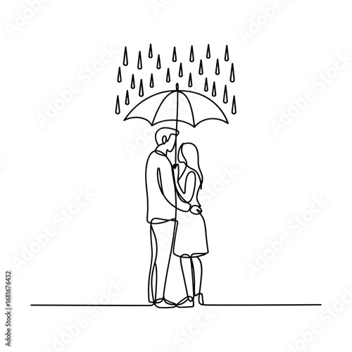 Romantic couple embraces under an umbrella in the rain