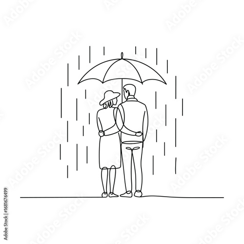 Couple embracing under an umbrella during a gentle rain shower
